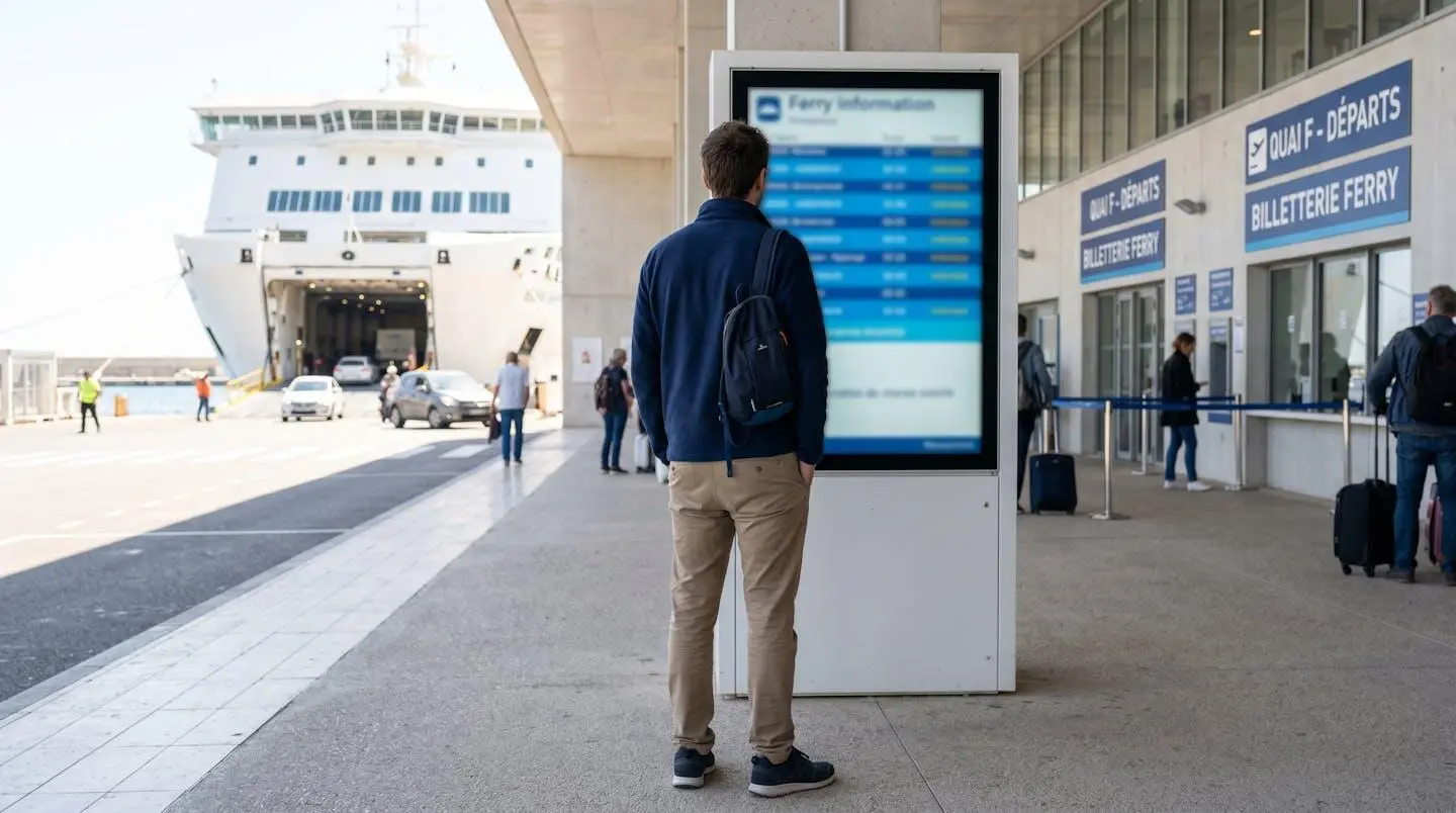 Un camping-cariste vu de dos regardant un panneau d'informations ferry dans un port méditerranéen moderne sous un ciel lumineux