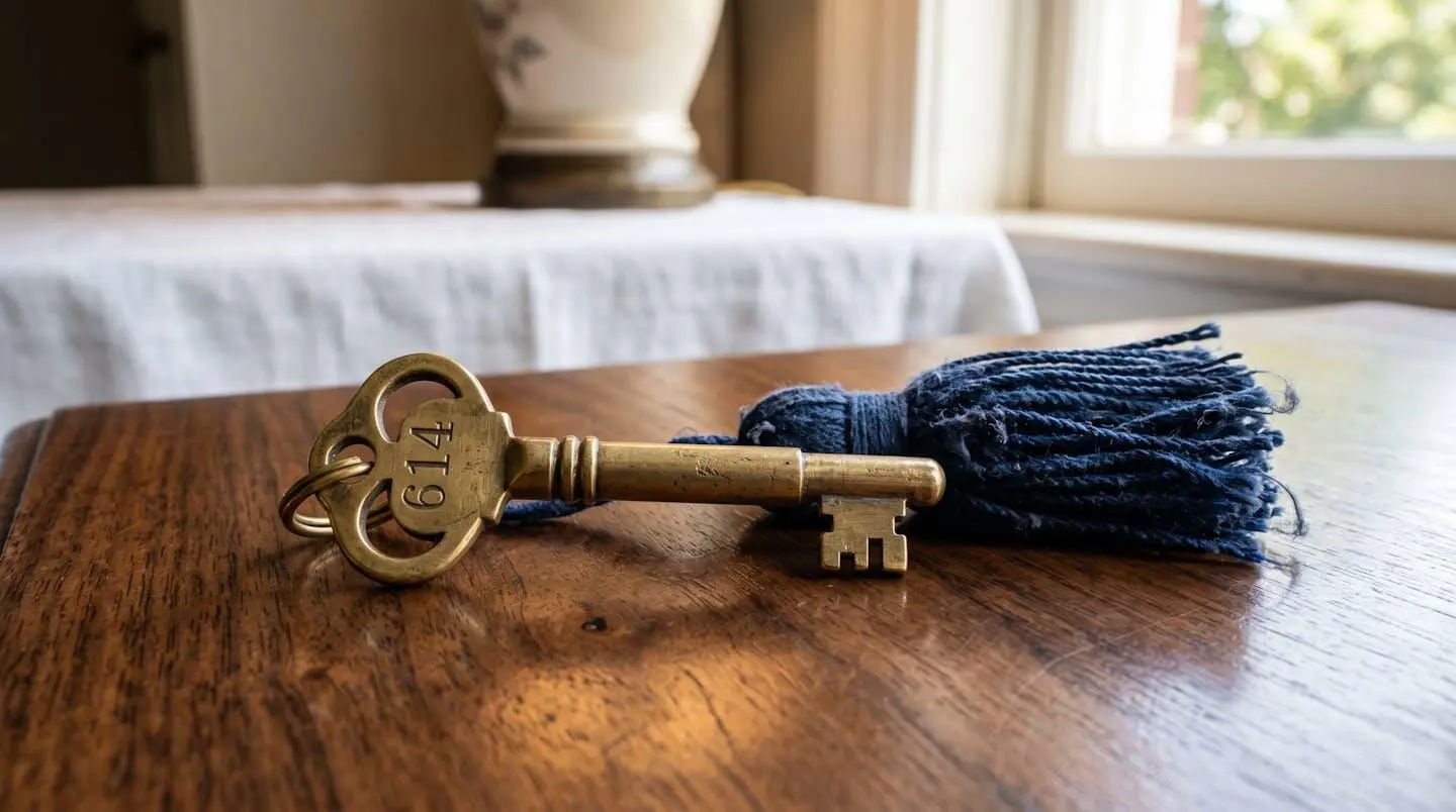 Gros plan d'une clé d'hôtel ancienne avec pompon en tissu et numéro gravé, posée sur surface en bois poli