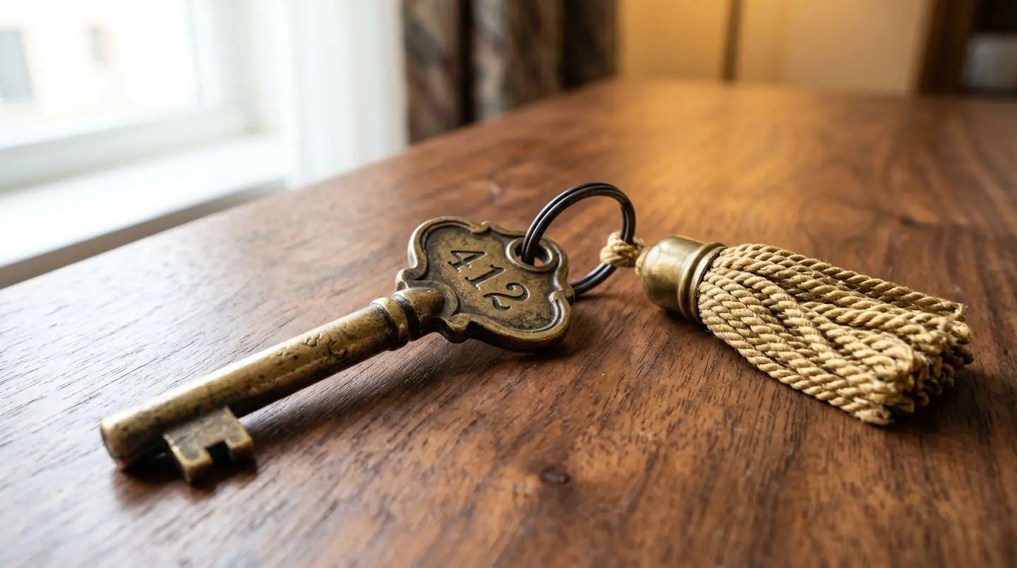 Gros plan d'une clé d'hôtel ancienne avec pompon en tissu et numéro gravé, posée sur surface en bois poli