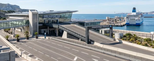 Vue grand angle d'un port de ferry méditerranéen moderne avec rampe d'embarquement pour véhicules et mer calme en arrière-plan