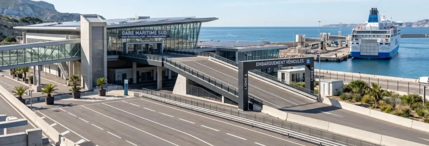 Vue grand angle d'un port de ferry méditerranéen moderne avec rampe d'embarquement pour véhicules et mer calme en arrière-plan