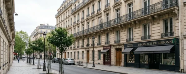 Rue calme du 8e arrondissement parisien avec façade d'immeuble haussmannien élégant sous lumière matinale douce