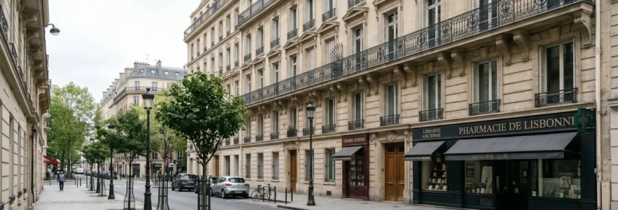 Rue calme du 8e arrondissement parisien avec façade d'immeuble haussmannien élégant sous lumière matinale douce