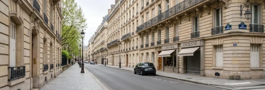 Rue calme du 8e arrondissement parisien avec façade d'immeuble haussmannien élégant sous lumière matinale douce