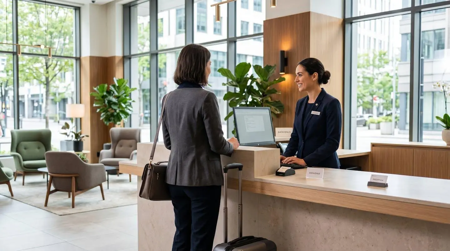 Voyageur vu de dos devant comptoir de réception d'hôtel avec réceptionniste visible de profil dans hall lumineux moderne