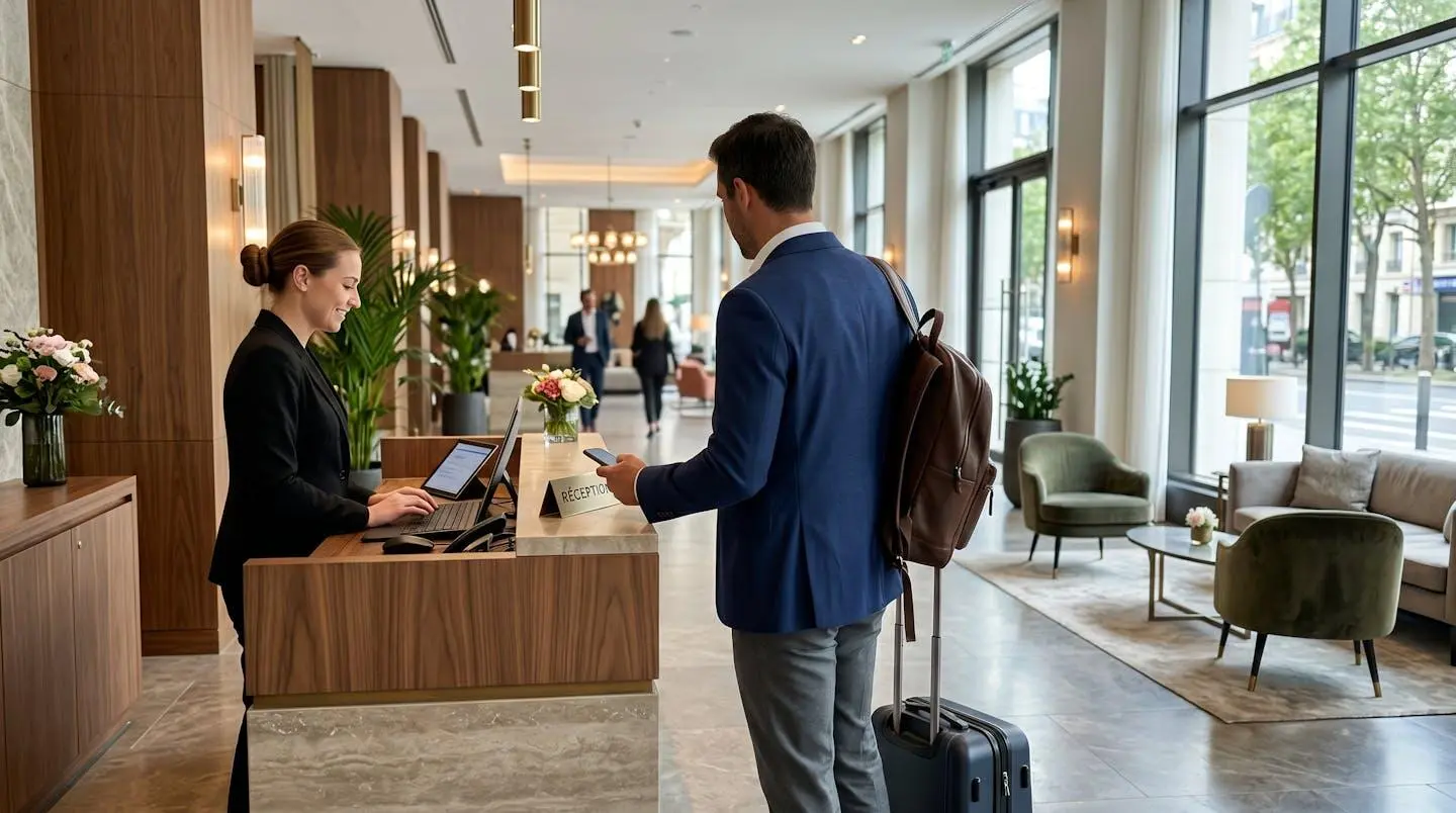 Voyageur vu de dos devant comptoir de réception d'hôtel avec réceptionniste visible de profil dans hall lumineux moderne